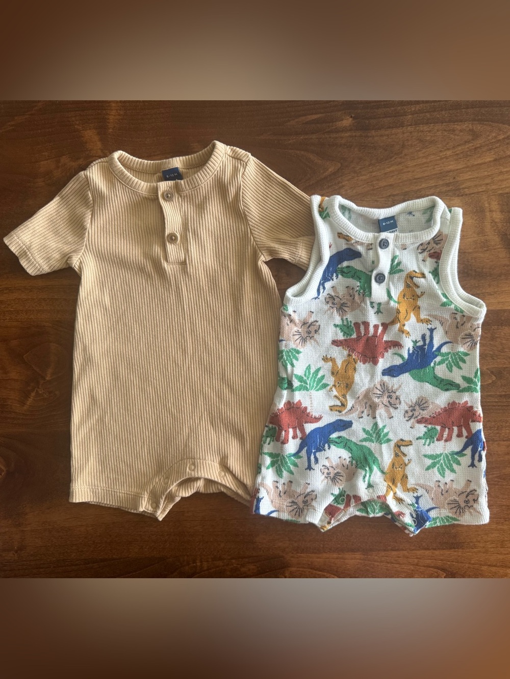 Old Navy Bundle 6-12 Month Rompers Ribbed Tan Gold Neutral Dinosaur